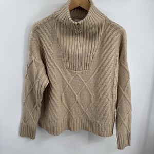 SNDYS Revolve Sweater Women XS Beige Chunky Cable Knit Turtleneck 1/4 Zip Preppy